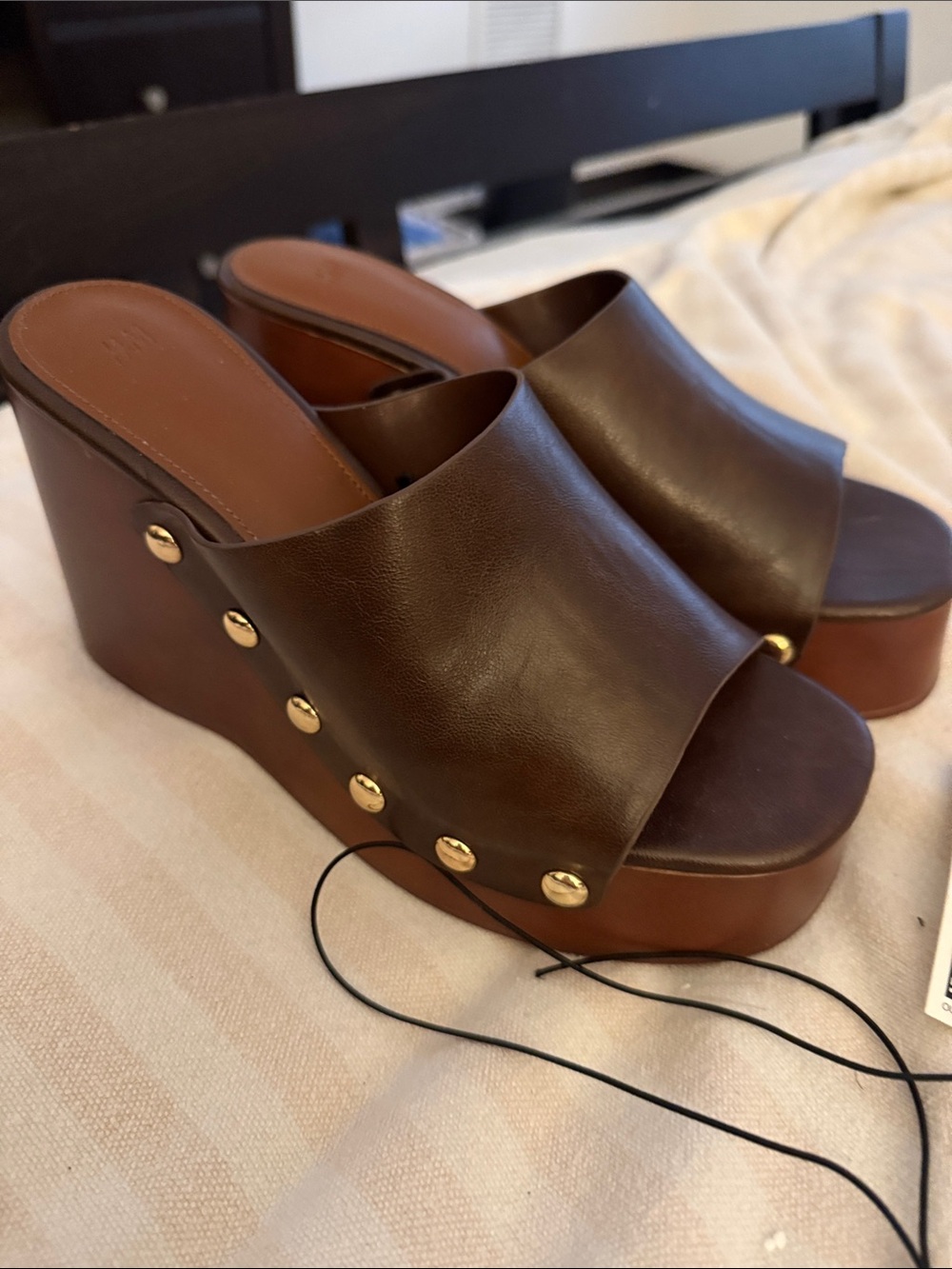 H&M Dark Brown Leather Wedge Mules with Gold Studs